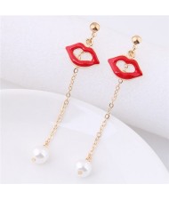 Lips with Dangling Pearl Design High Fashion Earrings