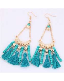 Beads and Threads Tassel Dangling Waterdrop Design Bohemian Fashion Earrings - Blue