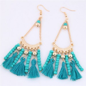 Beads and Threads Tassel Dangling Waterdrop Design Bohemian Fashion Earrings - Blue