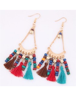 Beads and Threads Tassel Dangling Waterdrop Design Bohemian Fashion Earrings - Multicolor