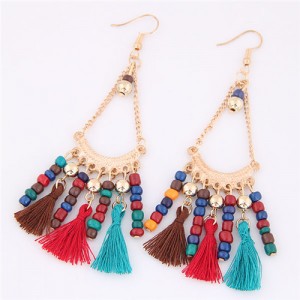 Beads and Threads Tassel Dangling Waterdrop Design Bohemian Fashion Earrings - Multicolor