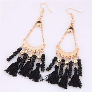 Beads and Threads Tassel Dangling Waterdrop Design Bohemian Fashion Earrings - Black