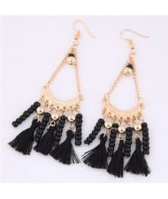 Beads and Threads Tassel Dangling Waterdrop Design Bohemian Fashion Earrings - Black