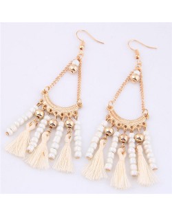 Beads and Threads Tassel Dangling Waterdrop Design Bohemian Fashion Earrings - White