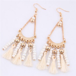 Beads and Threads Tassel Dangling Waterdrop Design Bohemian Fashion Earrings - White