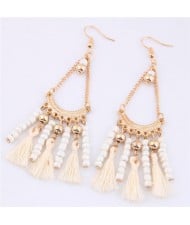 Beads and Threads Tassel Dangling Waterdrop Design Bohemian Fashion Earrings - White