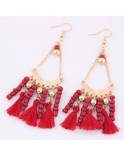 Beads and Threads Tassel Dangling Waterdrop Design Bohemian Fashion Earrings - Red