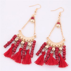 Beads and Threads Tassel Dangling Waterdrop Design Bohemian Fashion Earrings - Red