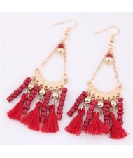 Beads and Threads Tassel Dangling Waterdrop Design Bohemian Fashion Earrings - Red