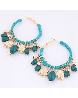 Golden Elephants and Beads Decorated Hoop Fashion Earrings - Blue