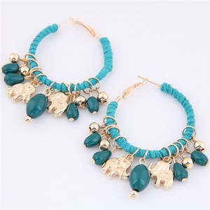 Golden Elephants and Beads Decorated Hoop Fashion Earrings - Blue