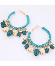 Golden Elephants and Beads Decorated Hoop Fashion Earrings - Blue