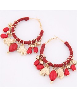 Golden Elephants and Beads Decorated Hoop Fashion Earrings - Red