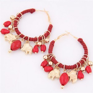 Golden Elephants and Beads Decorated Hoop Fashion Earrings - Red