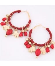 Golden Elephants and Beads Decorated Hoop Fashion Earrings - Red