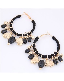 Golden Elephants and Beads Decorated Hoop Fashion Earrings - Black