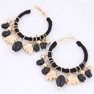 Golden Elephants and Beads Decorated Hoop Fashion Earrings - Black