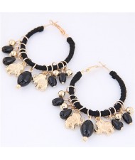 Golden Elephants and Beads Decorated Hoop Fashion Earrings - Black