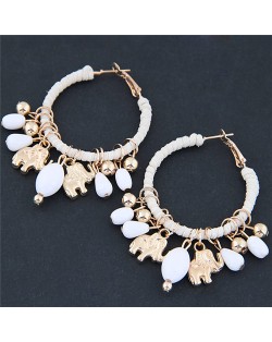 Golden Elephants and Beads Decorated Hoop Fashion Earrings - White