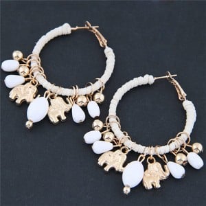 Golden Elephants and Beads Decorated Hoop Fashion Earrings - White
