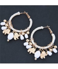 Golden Elephants and Beads Decorated Hoop Fashion Earrings - White