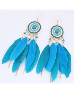 Dangling Feather and Chain Tassel Design Fashion Stud Earrings - Blue