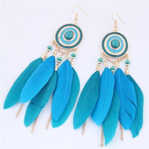 Dangling Feather and Chain Tassel Design Fashion Stud Earrings - Blue