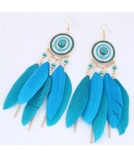 Dangling Feather and Chain Tassel Design Fashion Stud Earrings - Blue