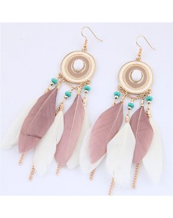 Dangling Feather and Chain Tassel Design Fashion Stud Earrings - Pink