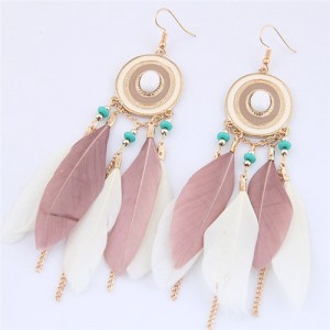 Dangling Feather and Chain Tassel Design Fashion Stud Earrings - Pink