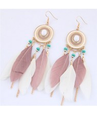 Dangling Feather and Chain Tassel Design Fashion Stud Earrings - Pink