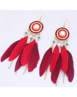 Dangling Feather and Chain Tassel Design Fashion Stud Earrings - Red