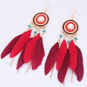 Dangling Feather and Chain Tassel Design Fashion Stud Earrings - Red