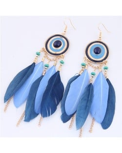 Dangling Feather and Chain Tassel Design Fashion Stud Earrings - Royal Blue