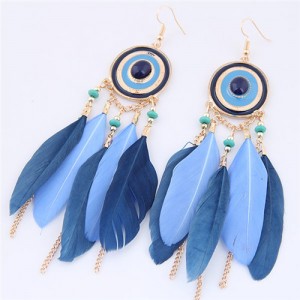 Dangling Feather and Chain Tassel Design Fashion Stud Earrings - Royal Blue