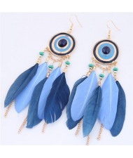 Dangling Feather and Chain Tassel Design Fashion Stud Earrings - Royal Blue
