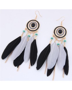 Dangling Feather and Chain Tassel Design Fashion Stud Earrings - Black