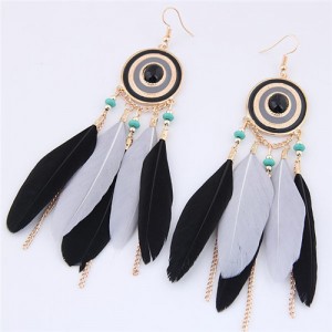 Dangling Feather and Chain Tassel Design Fashion Stud Earrings - Black