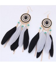 Dangling Feather and Chain Tassel Design Fashion Stud Earrings - Black