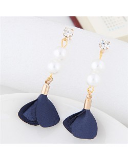 Korean Fashion Flower and Pearl Combo Design Graceful Fashion Stud Earrings - Blue