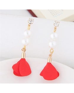 Korean Fashion Flower and Pearl Combo Design Graceful Fashion Stud Earrings - Red