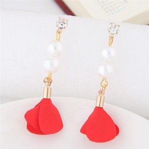 Korean Fashion Flower and Pearl Combo Design Graceful Fashion Stud Earrings - Red