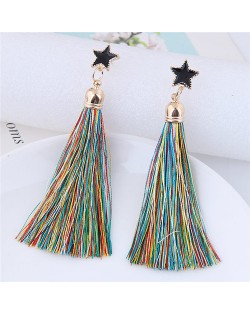 Threads Tassel Golden Rimmed Star High Fashion Stud Earrings - Multicolor