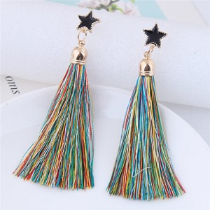 Threads Tassel Golden Rimmed Star High Fashion Stud Earrings - Multicolor
