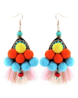 Colorful Fluffy Balls Decorated with Thread Tassel Design Bohemian Fashion Stud Earrings