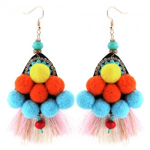 Colorful Fluffy Balls Decorated with Thread Tassel Design Bohemian Fashion Stud Earrings