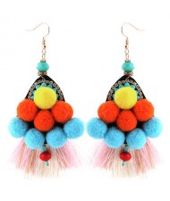 Colorful Fluffy Balls Decorated with Thread Tassel Design Bohemian Fashion Stud Earrings