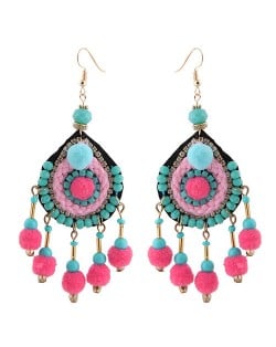 Fluffy Balls Threads and Beads Decorated Waterdrop Fashion Earrings