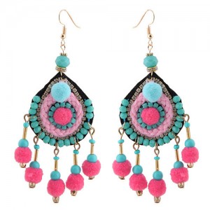 Fluffy Balls Threads and Beads Decorated Waterdrop Fashion Earrings