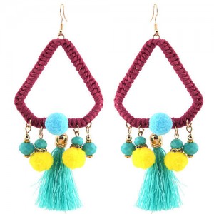 Threads Tassel and Beads Fashion Weaving Triangle Stud Earrings